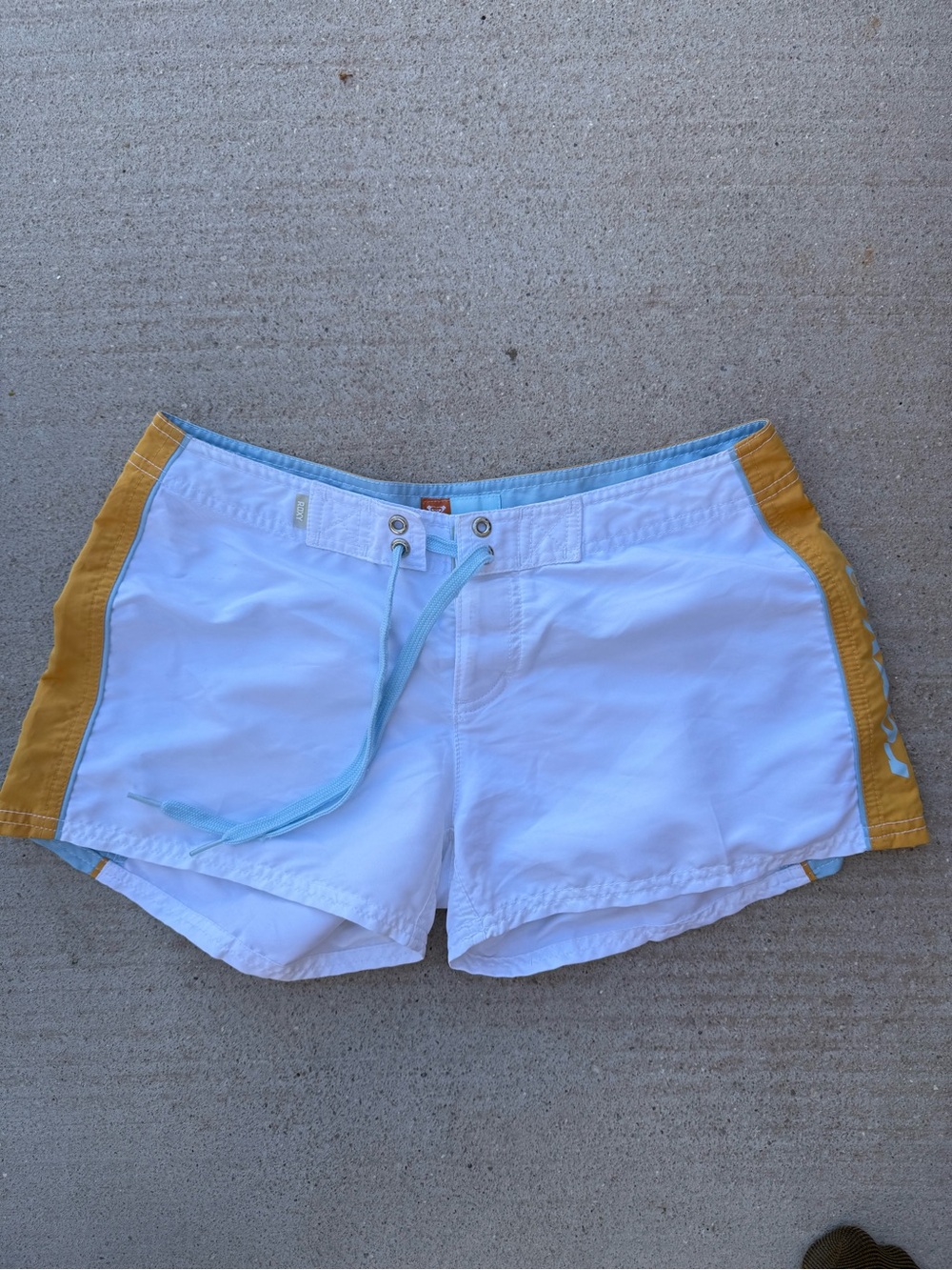 Vintage Roxy White and Mustard Women’s Swim Shorts with Aqua Drawcord